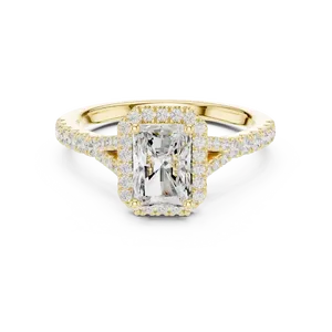 Anillo de compromiso unisex de lujo con halo de diamantes cultivados en laboratorio de corte radiante de 1 quilate, banda pavé de oro macizo de 14k/18k y tallo dividido para hombre y mujer - Product Image 1