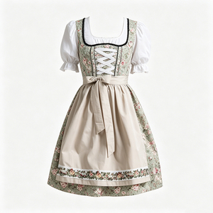 Robe Dirndl brodée respirante mi-longue pour femme, costume bavarois 3 pièces pour l'Oktoberfest, blanc, avec tablier beige à lacets, Trachten - Product Image 1