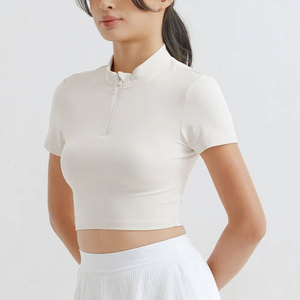 Camiseta de compresión para mujer, corte ajustado, media cremallera, cuello alto, largo recortado, precio bajo, alta elasticidad, poliéster/spandex - Product Image 1