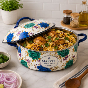 <b>Marvel</b> Handicrafts Insulated Stainless Steel Hot Pot Casserole Blue Green Floral <b>Printed</b> Food Warmer Serving Bowl Kitchen Gift - Product Image 2