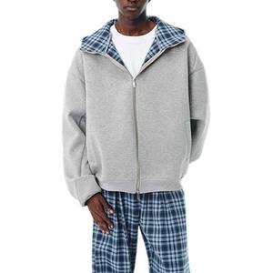 Fabricants de sweats à capuche réversibles à double fermeture éclair, style streetwear, à carreaux, coupe ample et courte pour hommes - Product Image 5