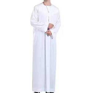 <b>Men's</b> White Cotton <b>Thobe</b> Long Sleeve Floor Length Round Neck Modest Islamic Robe For Prayer Middle East Style Bulk Manufacturer - Product Image 4