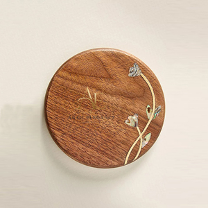 Wooden Coaster With Mother Of Pearl Inlay Round Solid <b>Walnut</b> Drink Mat Floral Metal Art <b>Coffee</b> Cup Pad Elegant <b>Table</b> Decoration - Product Image 1