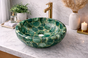 Vasque de salle de bain ronde en agate verte de luxe, lavabo sur comptoir, bol en marbre fait main - Product Image 3