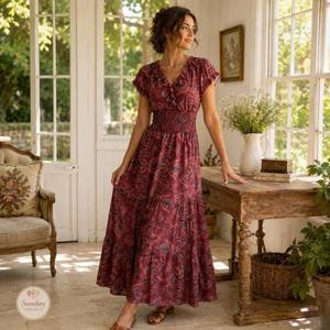 Vestido Maxi de Alta Calidad con Cuello en V y Estampado Floral, Mangas Abullonadas, Estilo Boho, Tejido de Punto Transpirable, Vestido Casual para Primavera y Otoño - Product Image 1