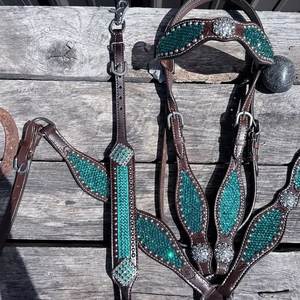 HOT Handmade Leather <b>Horse</b> Bridle with Turquoise Inlay and Crystal Accents Western Style Headstall Accessory - Product Image 1