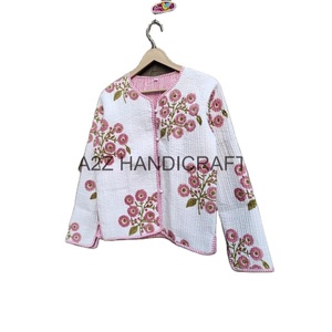 Veste de taille vintage en peau de mouton Kantha manteau matelassé fait à la main bord libre imprimé design automne hiver Style tendance bouton court - Product Image 4