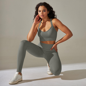 2 Piece Yoga Set Scoop Neck Racerback Crop Top High Waist Full Length <b>Leggings</b> Seamless Spandex Polyester Sport Wear - Product Image 4