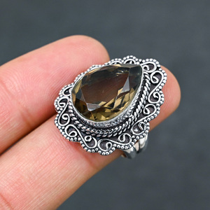 Bague en argent sterling 925 avec quartz fumé synthétique et pierre en forme de poire, faite à la main, ornée de turquoise, bijoux de mariage – Nouveauté très prisée - Product Image 1
