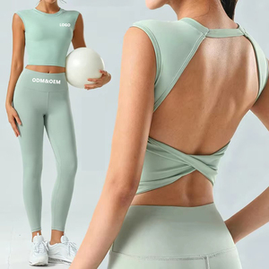 <b>Women</b> 2 Piece Yoga Set High Waist Leggings Crop <b>Top</b> Crisscross Back Sleeveless Solid Mint Green Breathable Seamless Sport Outfit - Product Image 1
