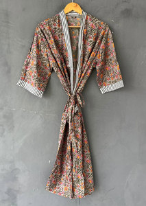 Bata Kimono Larga de Algodón con Estampado Floral y Cuello en V, Bata de Baño de Manga Larga de Corte Holgado, Ropa de Estar Ligera, Transpirable y Suave - Product Image 2