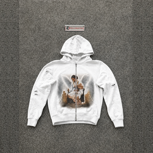 เสื้อฮู้ดดี้กราฟิกสีขาวพรีเมียม พิมพ์ลายแองเจิล ดีไซน์ลำลองทรงโอเวอร์ไซส์ โลโก้ด้านหน้า แขนเสื้อปกติ ผ้าฝ้ายเฟรนช์เทอร์รี่ เหมาะสำหรับใส่ในฤดูใบไม้ร่วง DISTR - Product Image 5