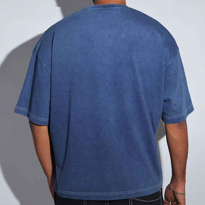 Oversized Solid <b>Blue</b> Cotton T-Shirt <b>Men</b> Regular Sleeve O-Neck Casual Acid Wash 300g Anti-Wrinkle Quick Dry Jersey Fit - Product Image 6