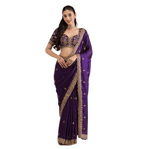 Sari de Seda Satinada Fandy |   Sari con Bordado de Dori, Zari y Lentejuelas |   Sari de Diseñador para Bodas y Fiestas |   Sari Étnico Tradicional Indio - Product Image 1