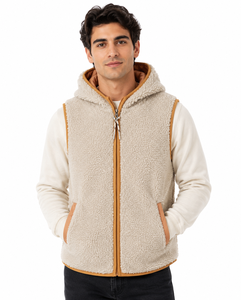 Chaleco con capucha de forro polar Sherpa para hombre, cálido, sin mangas, con cremallera frontal, ropa exterior de invierno, suave, de felpa, color bronceado, con ribete en contraste, informal, liso. - Product Image 1