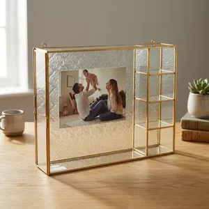 Modern Gold Metal Storage <b>shelf</b> With Carved Glass Panel Rectangle <b>Standing</b> and hanging Type For Living Room picture fram - Product Image 3