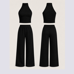 Conjunto de Dos Piezas Personalizado para Mujer, Cuello en V, Texturizado Negro, Impermeable, de Forro Polar, para Descansar / Conjunto Casual de Verano - Product Image 1