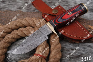 Cuchillo de Caza Exótico Damasco con Funda de Cuero Rojo-Negro Multicolor, Supervivencia al Aire Libre, EDC, Hecho a Mano Premium, Bajo MOQ, Venta al por Mayor - Product Image 4