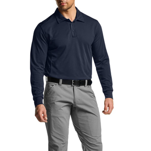 Camiseta Polo de Manga Larga para Hombre, Color Sólido, Transpirable, de Algodón Tejido, Corte Regular, Color Azul Marino - Product Image 1