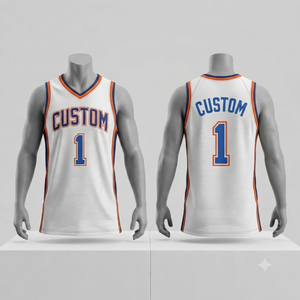Custom Basketball Jersey Men's Sleeveless White <b>Blue</b> Orange V-Neck Sublimated <b>Mesh</b> Breathable Team Apparel Size Adult - Product Image 1