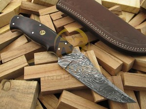 Cuchillo de Caza de Acero de Damasco, Hoja Fija de Espiga Completa, Cuchillo Skinner con Mango de Micarta y Funda de Cuero, Cuchillo para Acampar al Aire Libre - Product Image 2
