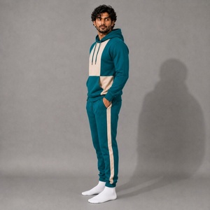Unisex Heavyweight Printed <b>Teal</b> Beige Color Block Hooded Tracksuit Set Pullover Hoodie Side Stripe Jogger Pants for Streetwear - Product Image 3