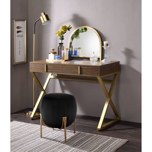 Coleen Walnut and Gold Finish <b>Makeup</b> <b>Vanity</b> Desk with Mirror and Jewelry Tray - Product Image 1