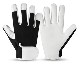 White Leather Wrist-Length Full <b>Finger</b> Safety Grip <b>Gloves</b> with Textured Palm Mechanic Utility for Assembly Four Seasons Use - Product Image 1