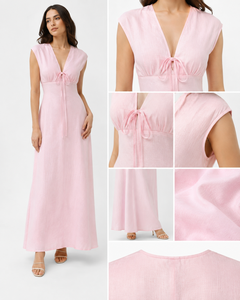 Robe longue rose personnalisée en coton et lin, sans manches, col en V, à nouer devant, pour femme, élégante, style bohème, évasée, pour l'été et la plage, vente en gros B2B - Product Image 2