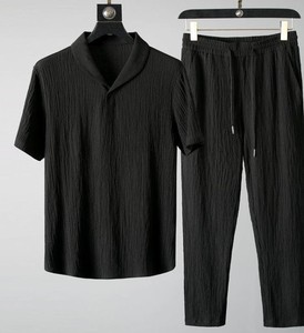 Men's Cotton <b>Waffle</b> Knit Short Sleeve <b>Shirt</b> & Shorts Set Solid Color Turn-down Collar Casual Summer Wear - Product Image 5