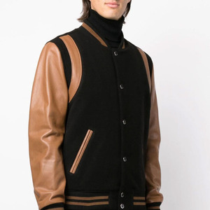 Custom Brand Merchandising Leather Varsity Bomber Jacket Leather Sleeves Premium Blank Design Button Closure Outdoor Use - Product Image 4