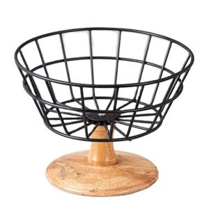 Panier de rangement pour fruits et pain, de qualité luxueuse, en métal noir, avec revêtement en poudre, design antique et élégant, avec base en bois. - Product Image 1