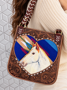 Sac à bandoulière en cuir artisanal style vintage avec motif appliqué cheval pour femme, sacoche de selle western tendance pour usage quotidien - Product Image 1