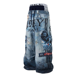 Men's Denim Harem <b>Pants</b> Printed Patchwork Distressed Loose Fit Streetwear High Waist Cotton Summer Style - Product Image 1