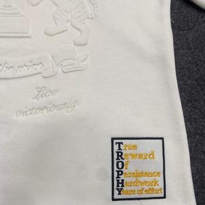 Cream Embossed <b>Logo</b> Men T Shirt Oversized Knitted Short Sleeve Crew Neck Printed Tee Casual Streetwear - Product Image 3