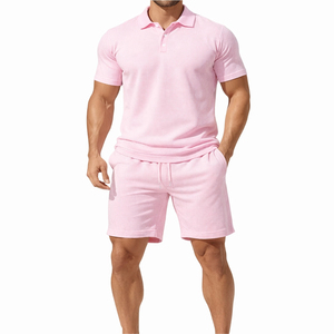 Light Weight 100% Cotton Breathable <b>Knitted</b> Solid Men's Summer Street Style Suits Two Piece Golf Polo Shirts and Shorts <b>Set</b> - Product Image 1