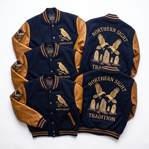 Custom Varsity <b>Jacket</b> <b>Black</b> Wool Body Tan <b>Suede</b> Sleeve Lighthouse Pier Embroidery Letterman Baseball Outerwear - Product Image 6
