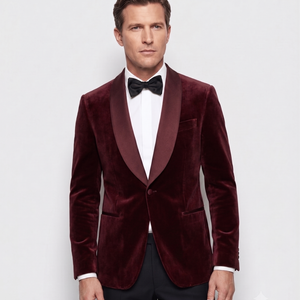 Veste de smoking pour homme en velours bordeaux, couleur unie, tissu tissé brossé façon suède, poids moyen, tenue de soirée et de mariage - Product Image 1