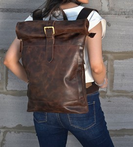 Eco Friendly Vegetable Tanned Leather <b>Roll</b> Top Bag Sustainable Laptop Rucksack For Global Trade LTBP-0219 - Product Image 4