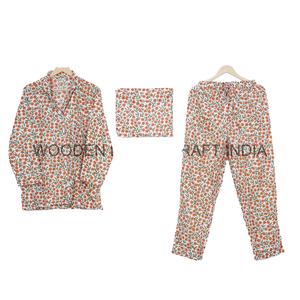 Nouveau Style moderne bleu clair main bloc imprimé dames doux coton pyjama ensemble imprimé fleuri robe de nuit pour Style quotidien vêtements de nuit - Product Image 1