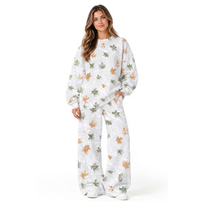 Wholesale Supplier <b>Women</b> Autumn Leaf Print Fleece Sweatshirt and Pants Set Loose Crewneck Top Wide Leg Lounge <b>Outfit</b> - Product Image 1
