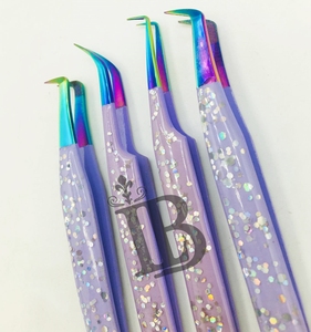 <b>Top</b> Trend Sustainable Stainless Steel Eyelash Extensions Tweezers Purple Glitter Tweezers 45 Degree Curved Eyelash Tweezers - Product Image 4