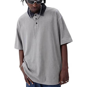 Polo vintage oversize pour homme en coton délavé, coupe épaules tombantes, style streetwear tendance, confortable, ample et décontracté, doux - Product Image 2