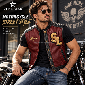 Gilet de moto en cuir décontracté brodé en chenille personnalisé, bicolore bordeaux et noir, en cuir de vachette, sans manches, pour homme et femme - Product Image 3