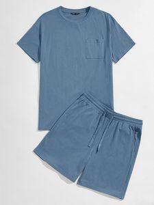 Men's Solid Green T-Shirt and Bermuda <b>Shorts</b> Set Casual Drawstring Waist Two Piece Outfit - Product Image 3