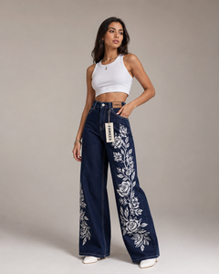 FAWKES Jean en denim taille haute à jambe large avec broderie florale, coupe ample, longueur intégrale, délavé, style printemps, vente en gros - Product Image 2