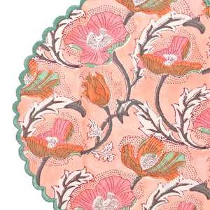 Hand Block Printed 100% Cotton <b>Round</b> Embroidery Edge <b>Mats</b> & Pads <b>Round</b> Floral Fabric Placemat Pink Teal Grey Indian Floral - Product Image 5