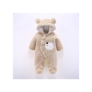 Cute Bear Hooded Faux <b>Fur</b> Footie For Infants Winter Soft Plush Onesie With Applique Face And Snap Closure - Product Image 1