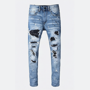 Jean en denim déchiré et délavé coupe slim pour homme, jambe droite, en coton, style décontracté bleu printanier - Product Image 1