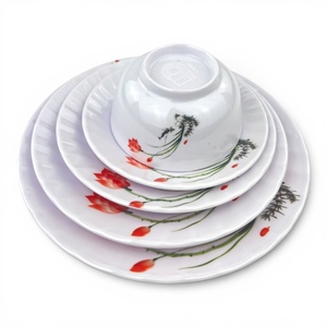 Pigmented <b>Melamine</b> Dinnerware Set with Red Floral Design Asian Zen Style Dishwasher Safe Deep Plates <b>Bowl</b> Party - Product Image 4